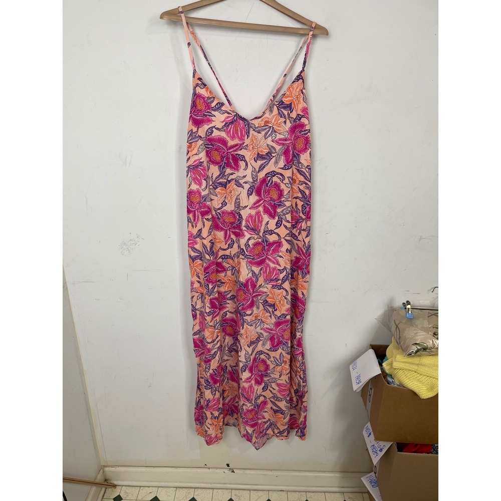 Old Navy Womens XL Pink Orange Floral Rayon Maxi Dress Spaghetti Strap V-Neck